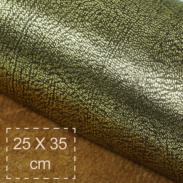 25x35 cm Piele Naturala Texturata Maro cu Umbre Aurii, Rigida, 1 mm
